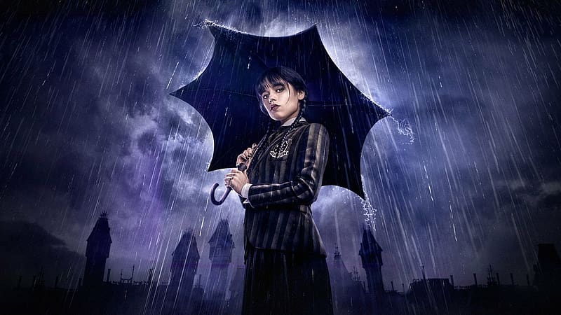 HD wallpaper wednesday 2022 tv series wednesday rain girl umbrella blue night actress purple jenna ortega
