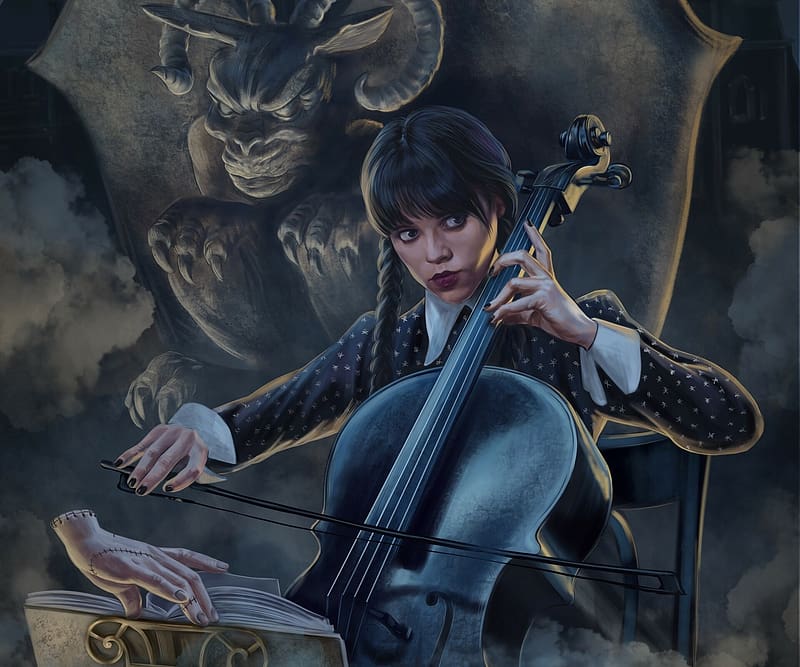 HD wallpaper wednesday instrument jenna ortega art fantasy cello girl dark